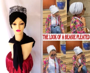 TURBAN/Beanie Hat. Hair wrap Head Cover Chemo.Tichel.  white/Black- - Picture 1 of 9