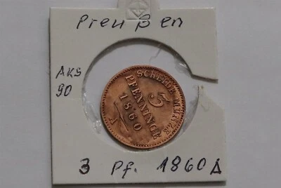🧭 🇩🇪 GERMANY PRUSSIA 3 PFENNIG 1860 A AKS B68 #13 - Image 1 of 3