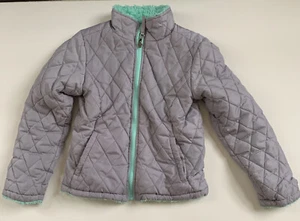 Girls SO Sonoma Faux Fur Reversible Puffer Jacket Gray/Mint - Size Small 7/8 - Picture 1 of 8