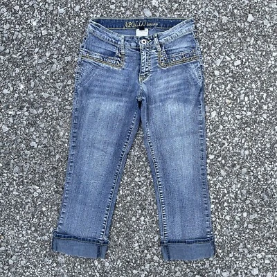 Jeans Apollo para mujer 5/6 azul lavado medio tachonado puño capri bordado Y2K Foto 1 de 4