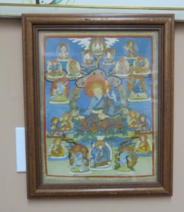 Vintage Thangka Painting Buddha Buddhist Siddha Thanka Art 10"x13" Framed 14x17 - Picture 1 of 9