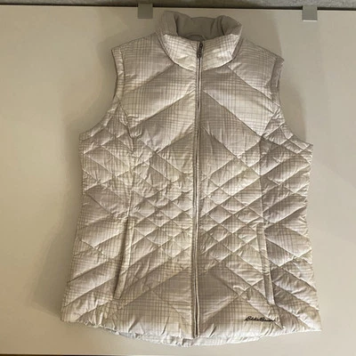 Eddie Bauer Down Puffer Vest Women Large Tall Tan Plaid Quilted Zipper Pockets - Image 1 of 4