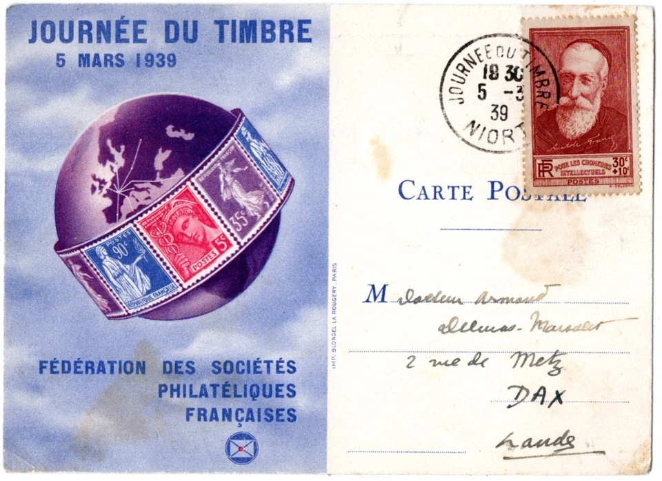380+ FDC CARTE  1er JOUR    JOURNEE DU  TIMBRE 1939   NIORT - Photo 1/1