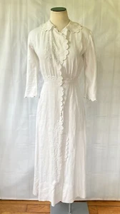Antique Edwardian Dress 1910s White Linen with Floral Embroidery 36 Bust M Mediu - Picture 1 of 8