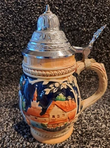 West Germany Stein, Pewter Lid Ornate Work, "Guten Bier u Junge Weiben", Vintage - Picture 1 of 7