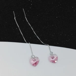 925 Sterling Silver Plated Heart Blue CZ Threader Dangle Drop Chain Earrings TH2 - Picture 1 of 13