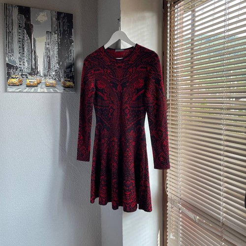 RARO! Abito al ginocchio Alexander McQueen rosso jacquard seta e lana