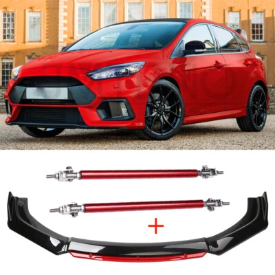 Divisor de labios para parachoques delantero de auto + varillas de puntal negro y rojo para Ford Focus 2012-2014 Foto 1 de 4