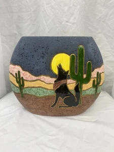 Southwestern Vintage Cactus With Coyote Howling At Moon Sandstone Vase 8Hx10L” - Picture 1 of 8