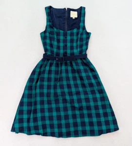 ModCloth Women's Dress Size XS Blue Green Plaid Belted Retro Rockabilly - Picture 1 of 13