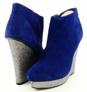 DOLCE VITA ROJA Blue Suede Glitter Designer Platform Wedge Ankle Booties 9.5 - Picture 1 of 6