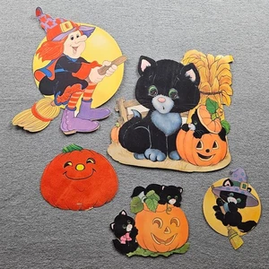 5 pc VTG Flocked Halloween Paper Decor Pumpkin Black Cat Witch Jack-o-loantern  - Picture 1 of 7