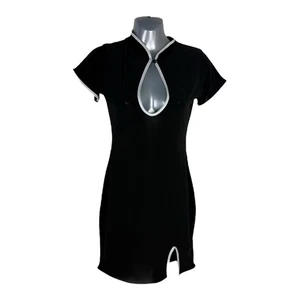 Global Black Mini Dress White Trim Low Cut Side Slit Women’s UK Size 8 - Picture 1 of 6