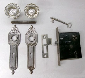 Antique Vintage Door Set Art Deco Backplates Glass Knobs Mortise Lock Key - Picture 1 of 10
