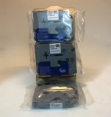 Lot Of 3 Brother 12mm 0.47 Laminated TZ TAPE Black On White Label Tape Lot X3 - Image 1 of 4