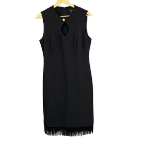 J. Peterman Dress Black Fringe Hem Sleeveless Sheath Size 8 Keyhole Neckline - Picture 1 of 5