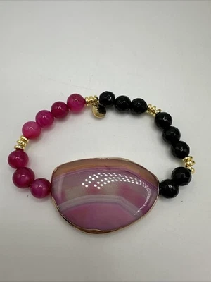 Hermosa pulsera elástica JK rosa ágata y ónix facetado con cuentas Foto 1 de 3