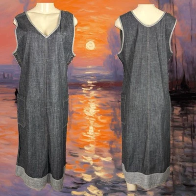 Denim & Co S Black-Gray Denim V-Neck Loose Fit Cotton Pockets Midi Overall Dress - Image 1 of 4