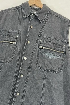 Harley Davidson Vtg Men Embroidered Vest Denim Sleeveless Shirt Size L Pockets - Image 1 of 4