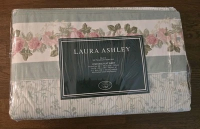 NEW LAURA ASHLEY COTTAGE ROSE GREEN FLORAL STRIPE (1) KING FLAT SHEET 108"x102" - Image 1 of 4