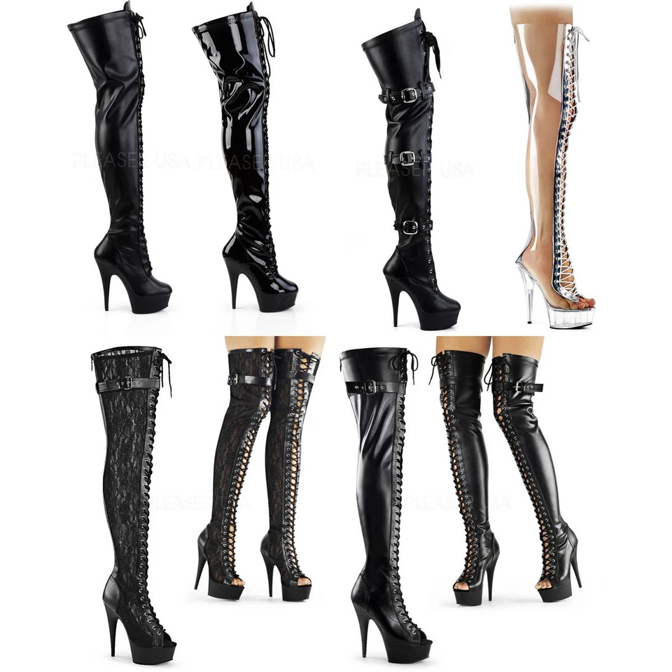 Pleaser Full Lace Up Platform Stiletto Heel Thigh High Boots Adult Women Del302X - Image 1 of 1