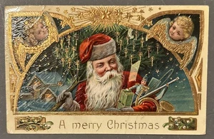 Vintage Christmas Postcard Victorian Red Santa Claus with Angels, Toys - Picture 1 of 2