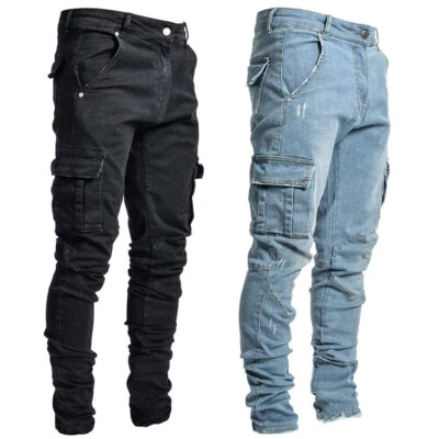 Men Skinny Jeans Stretch Slim Fit Pants Bike Jeans Cargo Pants Pockets Ripped - Image 1 of 4