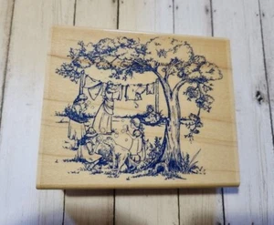 2002 Stampabilities Laundry Day Toile Wood Mounted Rubber Stamp KR1028 Laundry - Picture 1 of 4