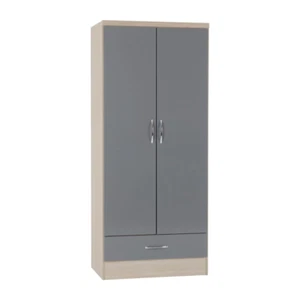 Nevada 2 Door 1 Drawer Wardrobe Grey Gloss/Light Oak Effect Veneer - Picture 1 of 8