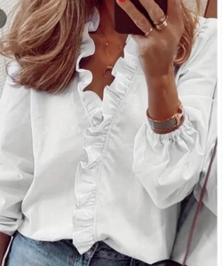 UK Womens Ruffled V-Neck Long Sleeve Blouse Work Shirt Casual Tops Size 16/18 - Picture 1 of 4