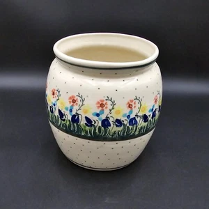 Polish Pottery Canister Vase Flower Pot Hand Made Poland Flower Dot Pattern 7 in - Picture 1 of 10