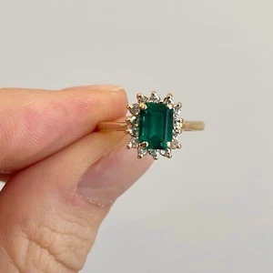 Estate 14KT Yellow Gold Emerald-Cut Lab Created Emerald + Diamond Halo Ring - Picture 1 of 9