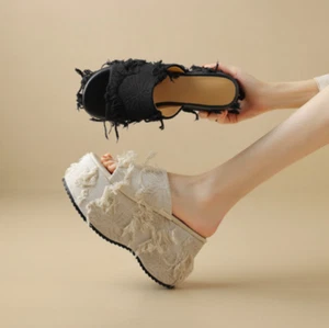 Women's Fashion Open Toe Ripped Frayed Platform Slipper Sandal Shoes Mules NWON - Picture 1 of 7