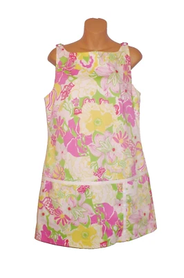 Tibi Shift Dress Bold Pink Yellow Floral Flapper Boat Neck Short Slveless Sz 10 - Image 1 of 4