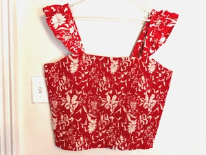 Old Navy Damen Bluse 3X Plus Blumen rot weiß gesmokt Rüschen eckiger Ausschnitt Oberteil - Bild 1 von 5
