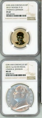 2015 - L B JOHNSON  -  MEDAL AND REVERSE PROOF -  NGC PF 69  AND MS 69 - PAIR - Image 1 of 4