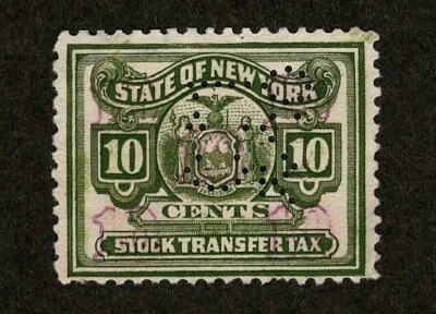 New York Revenue Stock Transfer Tax 10c Perfin (CM/&co) Carlisle Mellick Co 1922 - Image 1 of 3