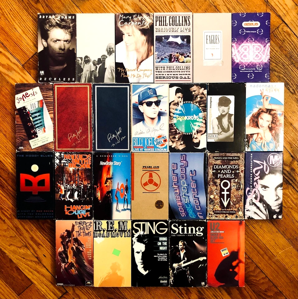 LOT OF 25 VHS TAPES—ROCK POP DANCE LIVE—APHEX TWIN/U2/MADONNA/PET SHOP BOYS/REM - Image 1 of 1