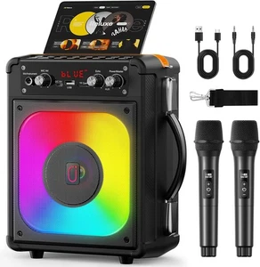 Karaoke Machine, Portable Bluetooth Speaker with 2 Wireless Microphones - Picture 1 of 5