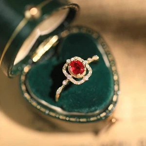Retro Square Cut Ruby 14K Gold Plated Elegant Dainty Open Ring Vintage Gift - Picture 1 of 5