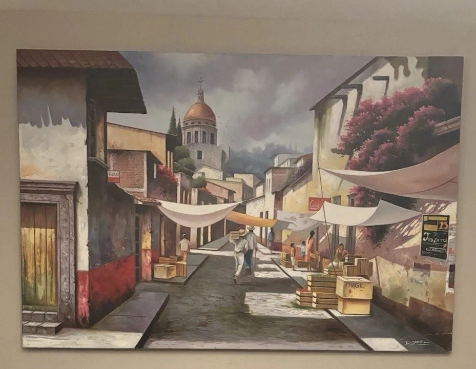 Cuadro Grande Sobre Lienzo Titulado Mercado en La Calle Talla 48x75" Foto 1 de 1