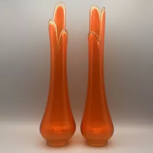 Pair Vintage MCM L E Smith Three Prong Orange Flame Swung Vases 14"H - Picture 1 of 3