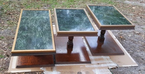 3 Green Marble and Wood One-of-a-Kind Tables from Old Bank Building Rare Marble Cover