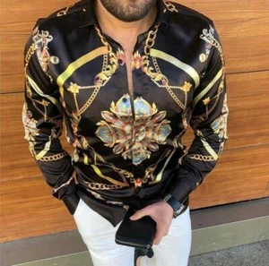 Button Down Hemd Herren Barock Kleid Schwarz Gold Kette Blatt Langarm Mode USA - Bild 1 von 1