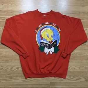 Vintage Looney Tunes Sweatshirt Tweety Bird Christmas Holiday 1993 Red Size XL - Picture 1 of 7