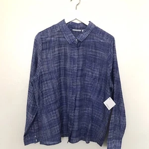 NWT Halogen Size XL P Micro Striped Square Printed Blue Button Down Shirt Blouse - Picture 1 of 5