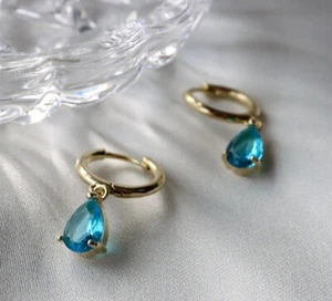 3Ct Pear Cut Simulated Blue Topaz Drop/Dangle Earrings In 14k Yellow Gold Plated - Picture 1 of 4