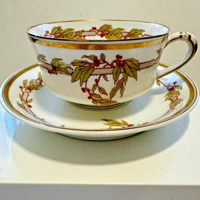 One Antique Haviland Limoges RARE Schleiger Cup & Saucer - Cherries & Gold - Image 1 of 4