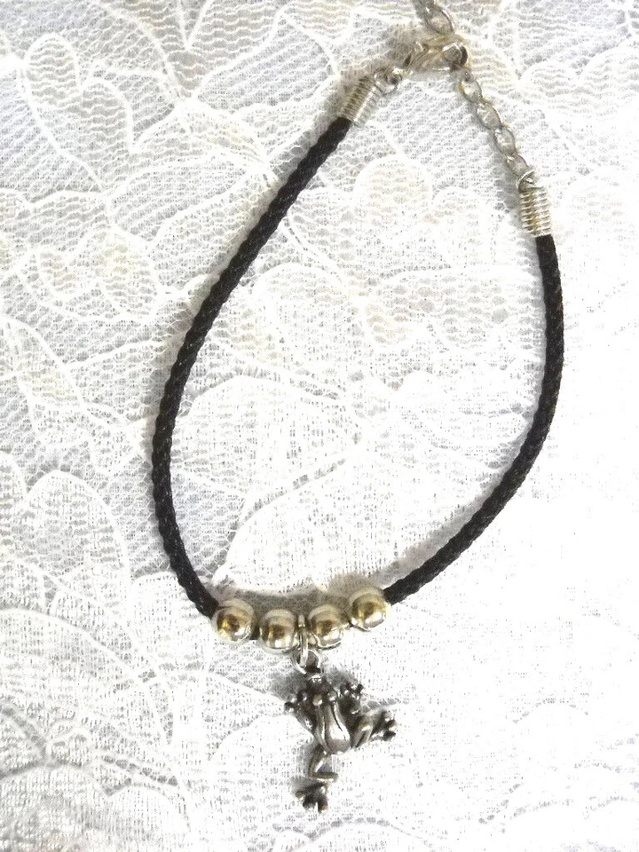 CLIMBING TREE FROG PEWTER CHARM BLACK CORD & BEADS CHARM BRACELET 6 - 8 INCHES - Image 1 of 1