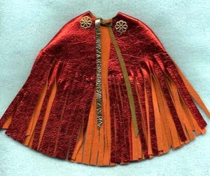 RED SHINY FRINGED CAPE METALLIC LEATHER W/MEDALLIONS 11 1/2" DOLL CLOTHES - Picture 1 of 2